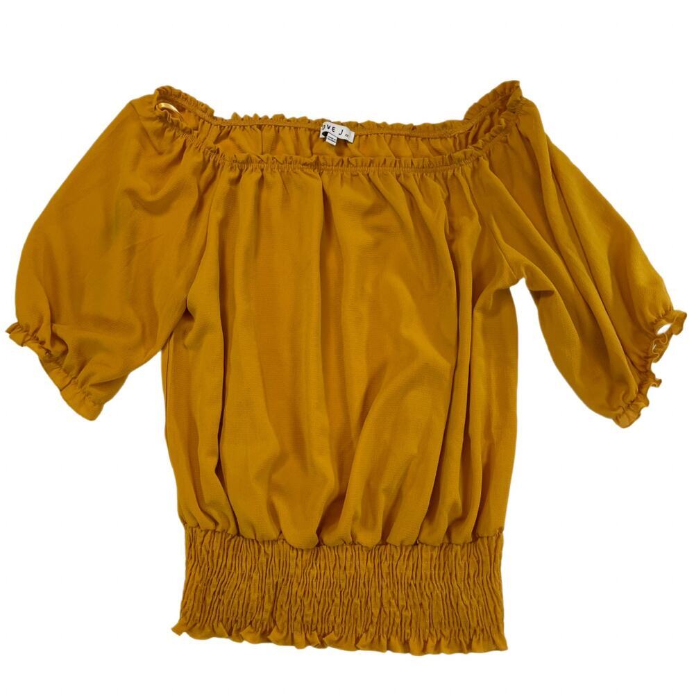 Love J Mustard Smocked Off Shoulder Boho Peasant Blouse 2X Women's Half Sleeve